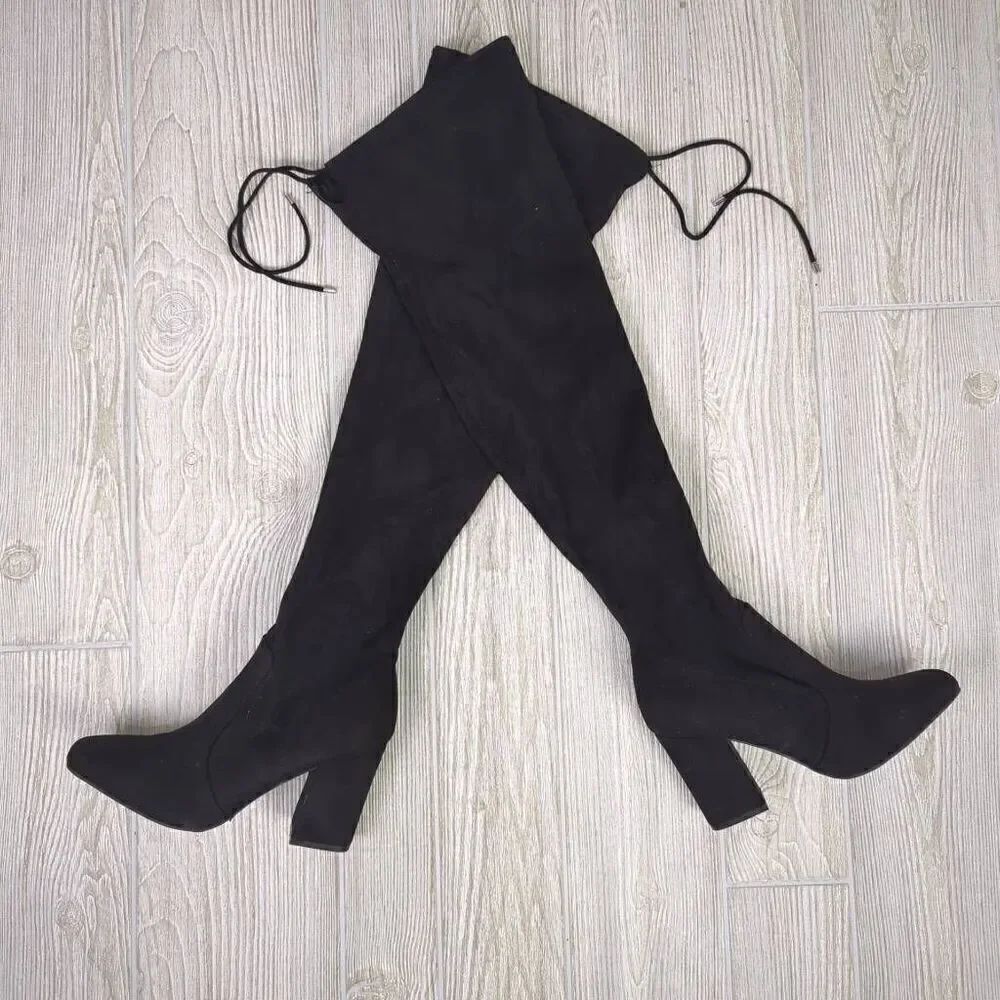 Unisa Black Over The Knee Stretch Heeled Boots Size 7 Medium Faux Suede